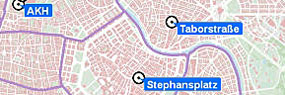 wien.at-Stadtplan-Ausschnitt mit den Luftmessstellen AKH, Stephansplatz und Taborstraße