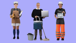 3 Personen nebeneinander. Die Krper sind aus verschiedenen Berufsbildern zusammengesetzt: Person 1: Kopf: Hausmann, Oberkrper: Netzwerktechnikerin, Unterkrper: Hausmann. Person 2: Kopf: Game Designerin, Oberkrper: Tischlerin, Unterkrper: Profifuballerin. Person 3: Kopf: Prozess-Ingenieurin, Oberkrper: Regisseurin, Beine: Mllauflegerin